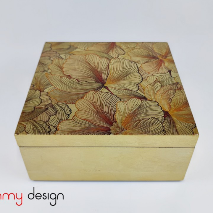 Gold square lacquer box with palm leave pattern 20*H9 cm 